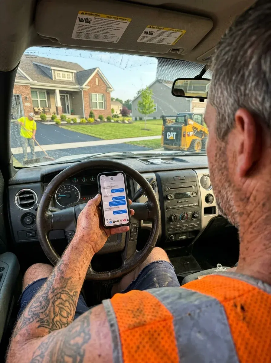 Contractor in his work truck texting his TradeSite assistant, with a job site visible through the windshield